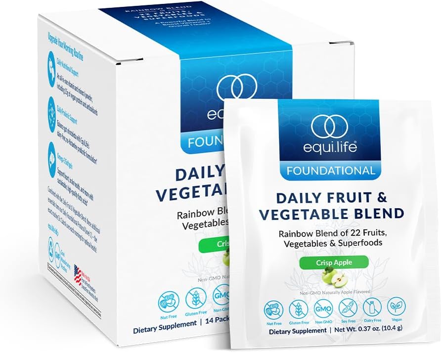 Equilife Daglig Frugt & Vegetabilsk Blend, Superfood Antioxidant Supplement, Crisp Apple Flavor med C-vitamin, Fiber, og 9 essentielle aminosyrer, understøtter energi, Vegan, 14 Single Serve Pakker