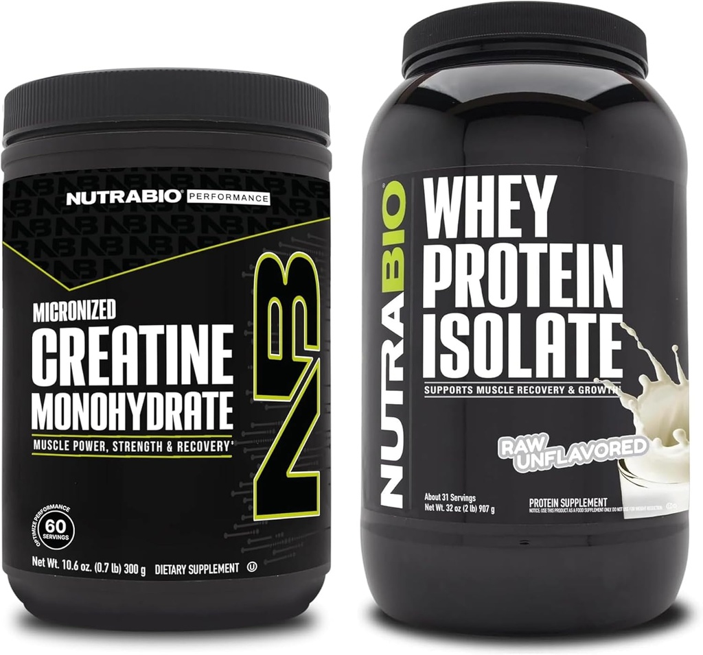 Nutrabio Creatin monohydrat, Unflavored, 300g og Whey Protein Isolate, Unflavored, Supplement Bundle - Muskelenergi, Lean muskelvækst, Inddrivelse, og styrke