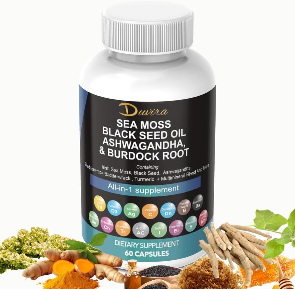 Sea Moss 3000mg Black Seed Oil 2000mg Ashwagandha 1000mg Gurkemeje 1000mg Bladerwrack 1000mg Burdock 1000mg & vitamin C & D3 med Elderberry Manuka Mælelion Gul Dock Jod Chlorophyll ACV