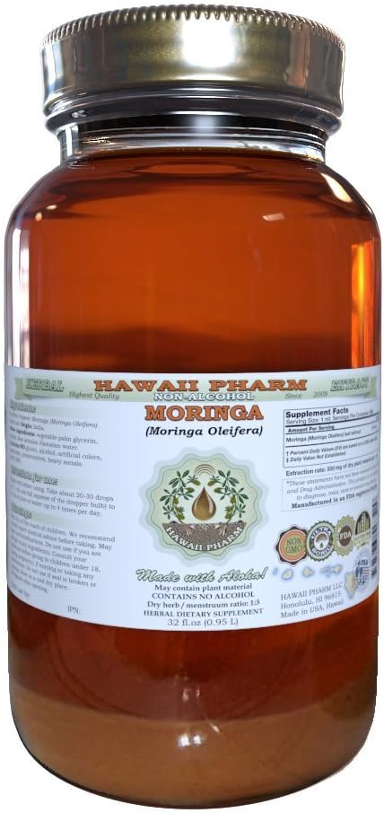 Hawaii Pharm Moringa Alkohol- Free Liquid Extract, Moringa (Moringa Oleifera) Leaf Glycerite Natural Herbal Supplement, USA 32 oz Ufiltreret