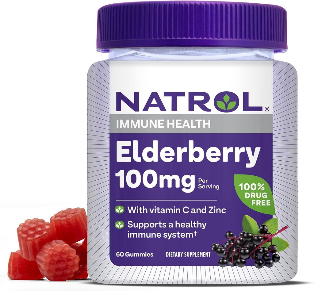 Natrol Elderberry 100mg Gummies for immunforsvar, 60 Berry- Smagede Gummies, 30 dages forsyning