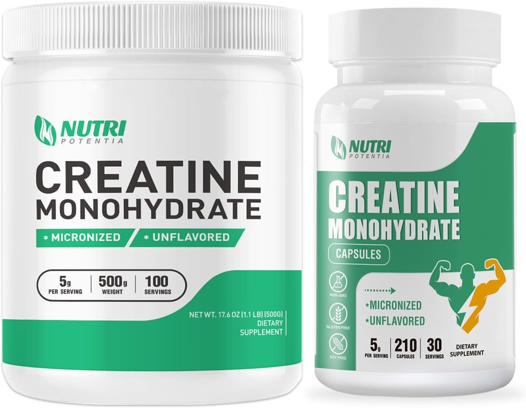 Creatinmonohydrat Pulver 500 Bedste & Kreatininkapsler, Pure Mikroniseret Creatin Kosttilskud til Building Muscle, Pre & Post Workout Creatinin Powder, Non- GMO, Unflavored