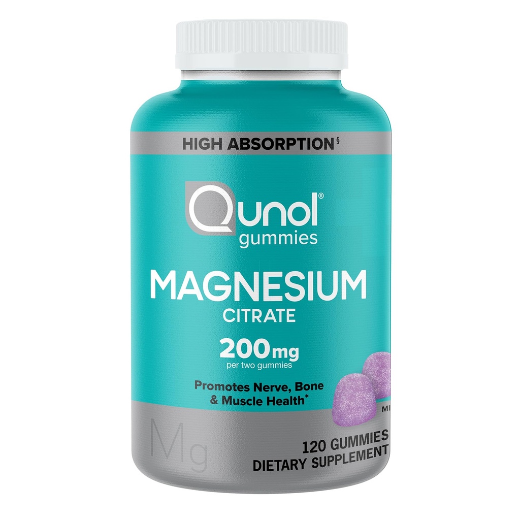 Qunol Magnesium Gummies til voksne, 200mg Elemental Magnesium (fra 1. 750mg Magnesium Citrate), High Absorption Magnesium Supplement, Understøtter Nerve, Knogler og Muskel Sundhed, Vegetarisk, 120 Tæl