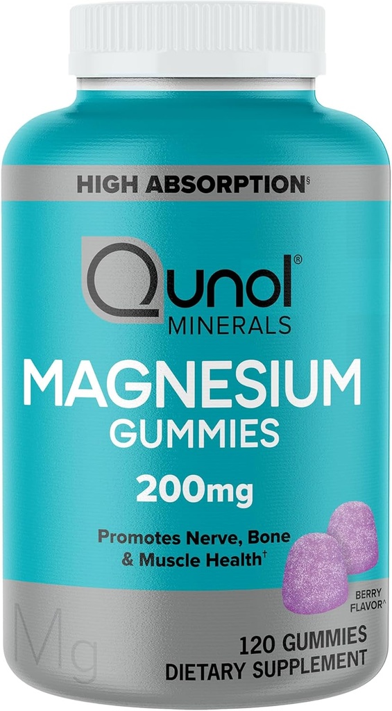Qunol Magnesium Gummies til voksne, 200mg Elemental Magnesium (fra 1. 750mg Magnesium Citrate), High Absorption Magnesium Supplement, Understøtter Nerve, Knogler og Muskel Sundhed, Vegetarisk, 120 Tæl