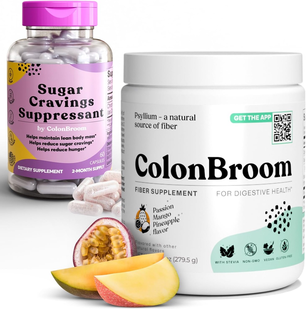 ColonBroom Psyllium Husk Powder Sugar Craving Suppressant - Chrom Picolinate 200mcg, 2 Genstande - Colon Cleanser Fiber Supplement (50 Servere) + Sugar Craving Suppressant (60 Servere)