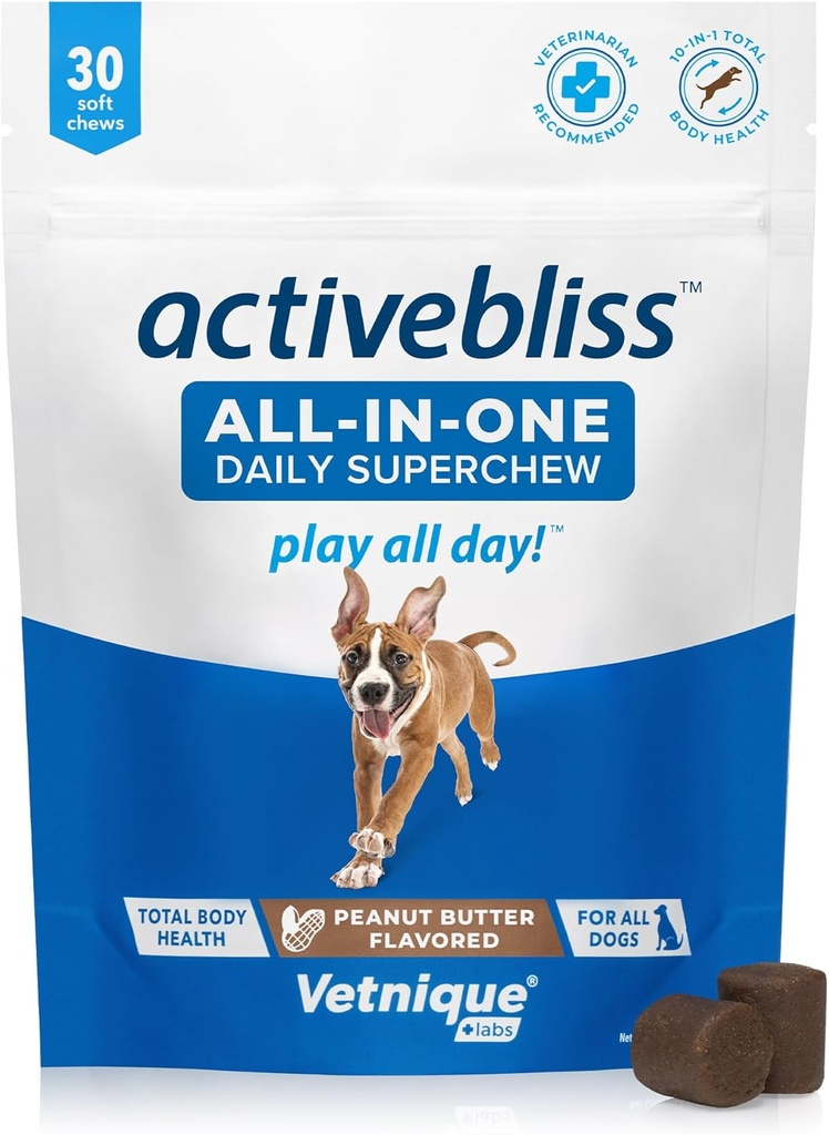 Vetnique Labs Activesabs Hund Multivitamin - Daglig behandling med Glucosamin, Omega 3, fordøjelsesenzymer og probiotika til fælles, fordøjelsesfremmende, & immunforsvar - Hundevitaminer til optimal sundhed, 30 Greve
