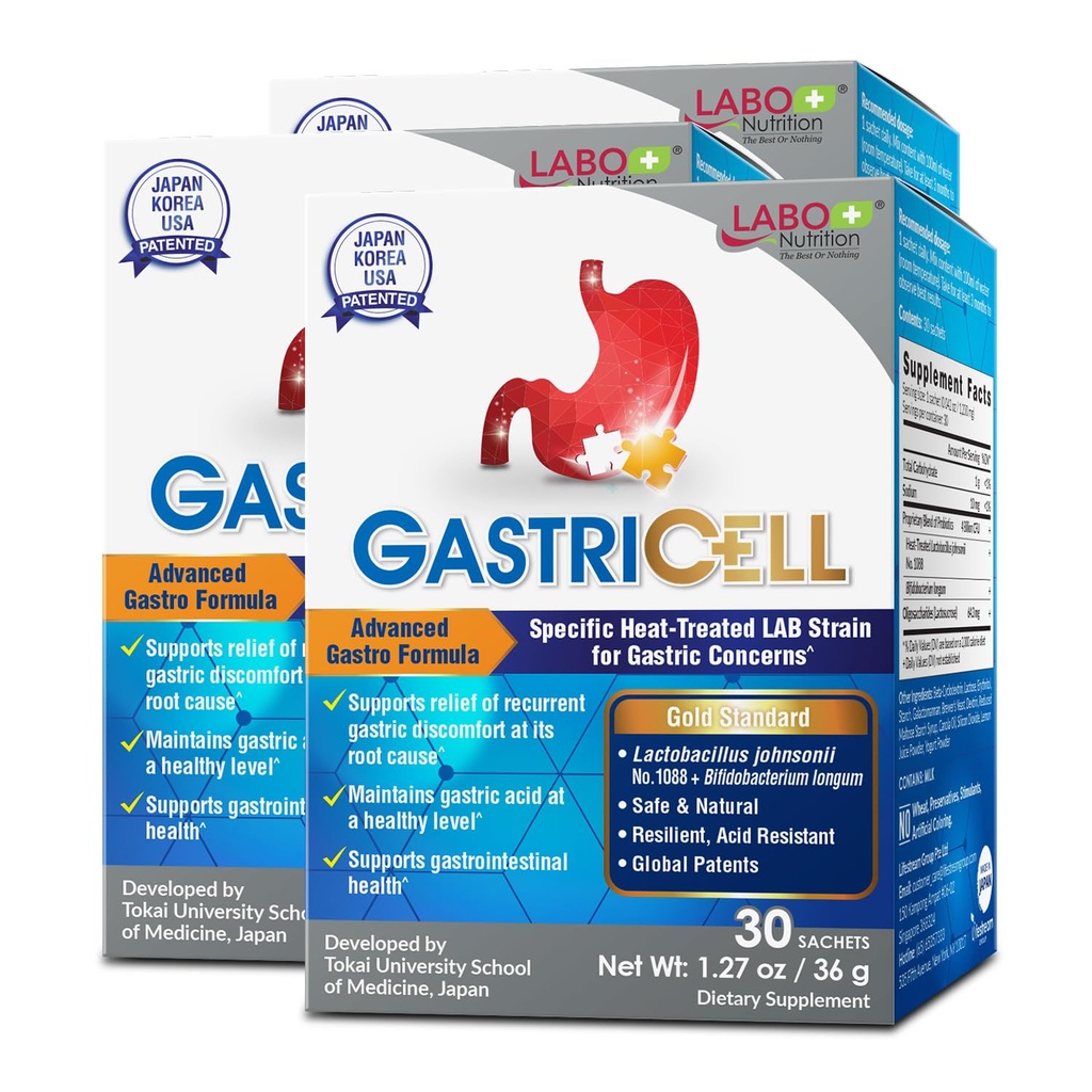 LABO Nutrition GASTRICELL - Acid Reflux, Heartburn, Gendannelse Gastrisk discomfort, Natural Defence Agastric Distress 30 breve x3