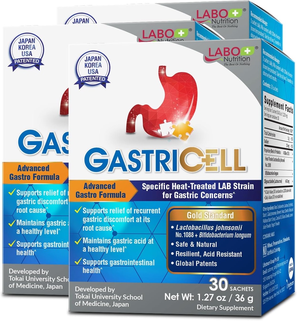 LABO Nutrition GASTRICELL - Acid Reflux, Heartburn, Gendannelse Gastrisk discomfort, Natural Defence Agastric Distress 30 breve x3