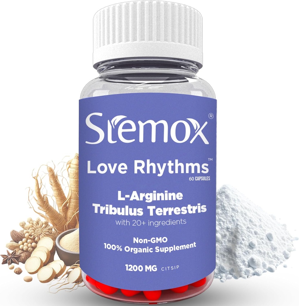 Love Rhythms L- Arginin 500MG & Tribulus Terrestris til mænd - Stamina & Vitality Support - Non-GMO, 100% Økologiske Kosttilskud til mænd - Active Lifestyle & Fysisk Wellness - 60 kapsler