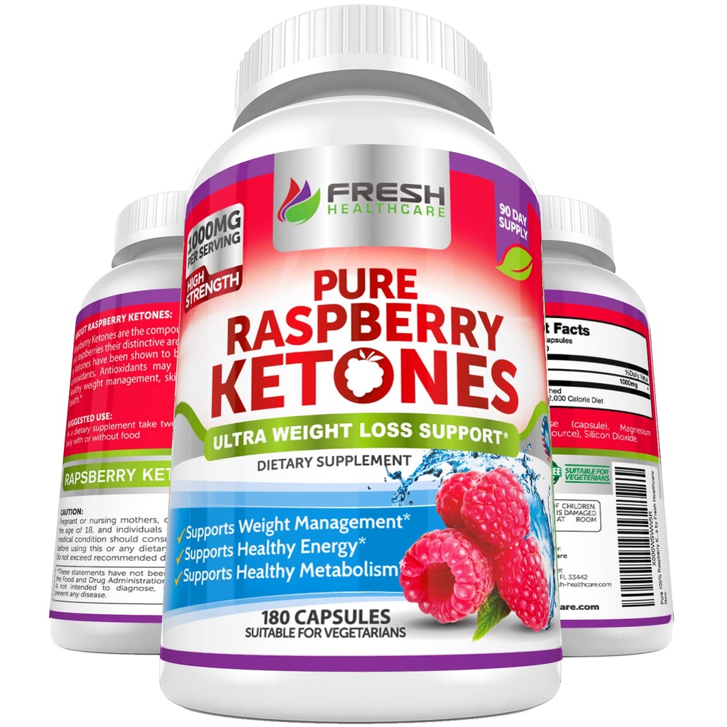 FRESH METHCARE Pure 100% Raspberry Ketoner Max 1000mg Per Servering - 3 måneders levering ikke GMO - Avanceret vægttab støtte - 180 kapsler