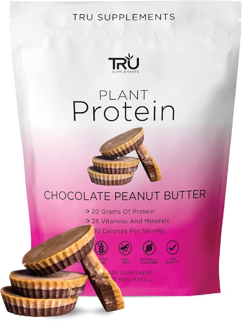 TRU Kosttilskud Plantebaseret Protein Powder, BCAA, EAA, 20g Vegan Brown Rice & Pea Protein, 100 kalorier, 27 Vitamin, Ingen kunstige Artiskokker 25 Servering (Chocolate Peanut Butter)