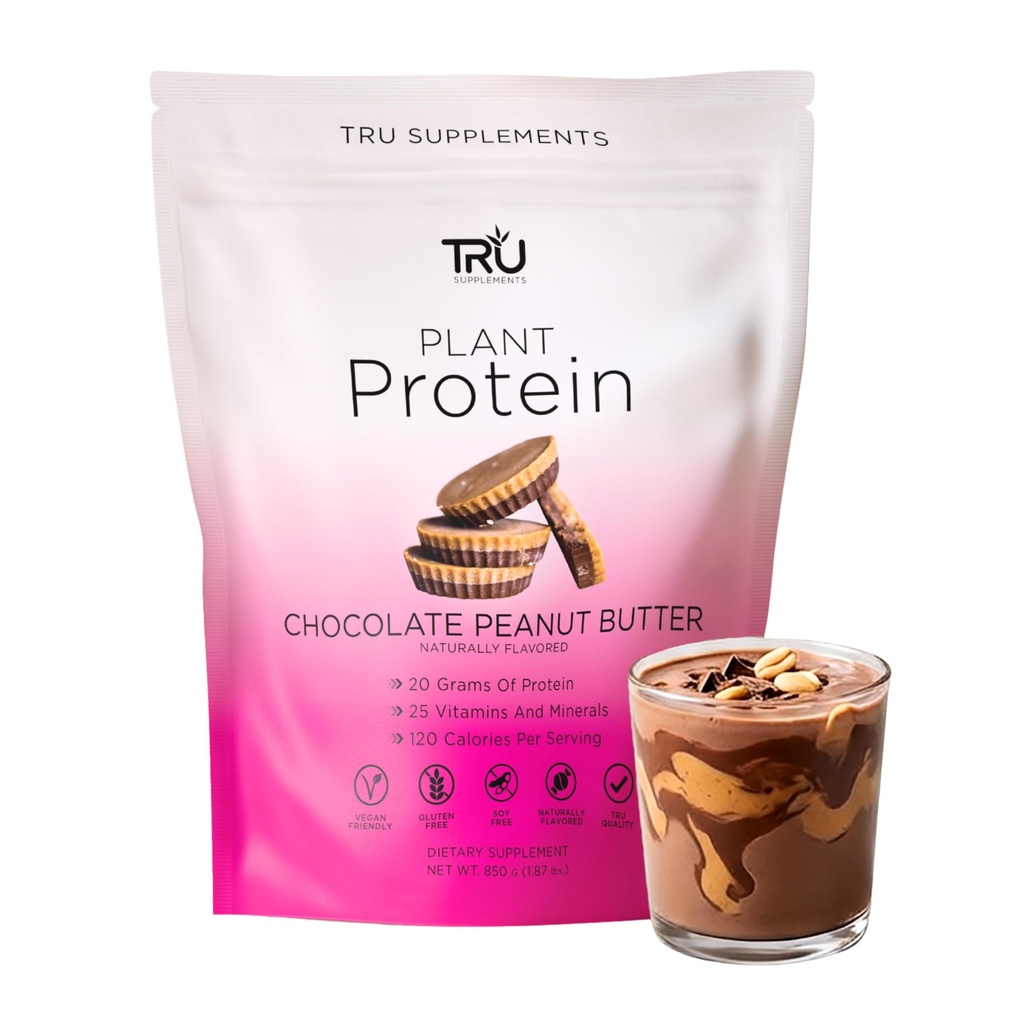 TRU Kosttilskud Plantebaseret Protein Powder, BCAA, EAA, 20g Vegan Brown Rice & Pea Protein, 100 kalorier, 27 Vitamin, Ingen kunstige Artiskokker 25 Servering (Chocolate Peanut Butter)
