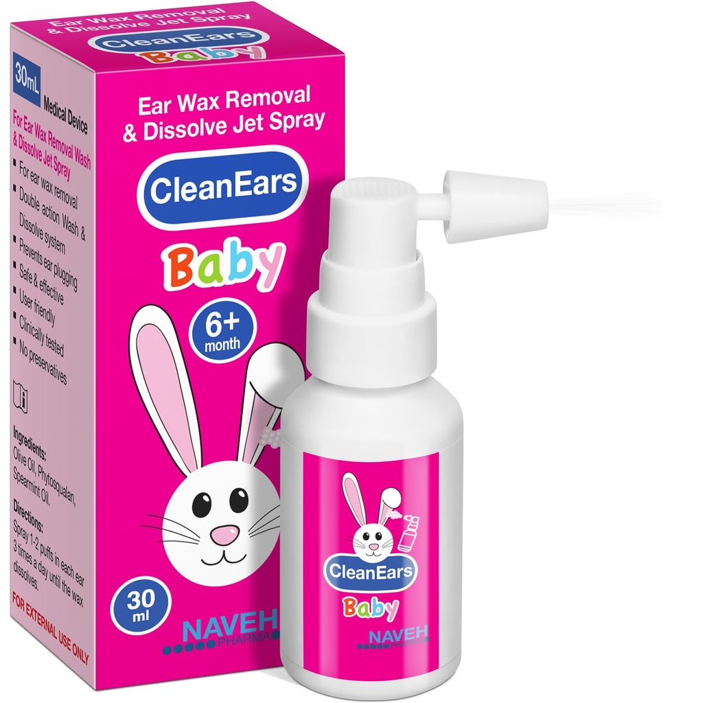 NAVEH PHARMA ® CleanEars Baby Mea124; Fastvirkende Ear Wax Removal Spray 124; Breaks Down & Dissolves Earwax i bare 1 behandling 124; Klinisk bevist at være 300% mere effektiv; Mineral Oil, Gentle & Safe Measures 124; 1 OZ