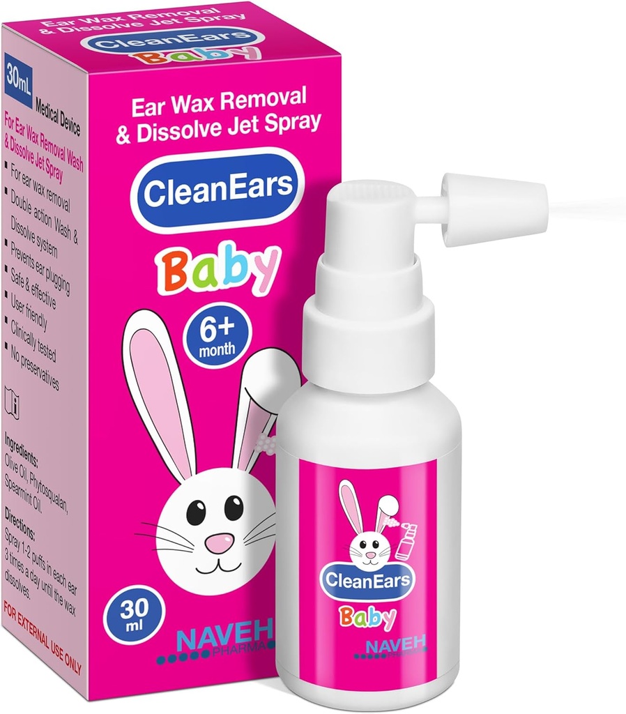 NAVEH PHARMA ® CleanEars Baby Mea124; Fastvirkende Ear Wax Removal Spray 124; Breaks Down & Dissolves Earwax i bare 1 behandling 124; Klinisk bevist at være 300% mere effektiv; Mineral Oil, Gentle & Safe Measures 124; 1 OZ