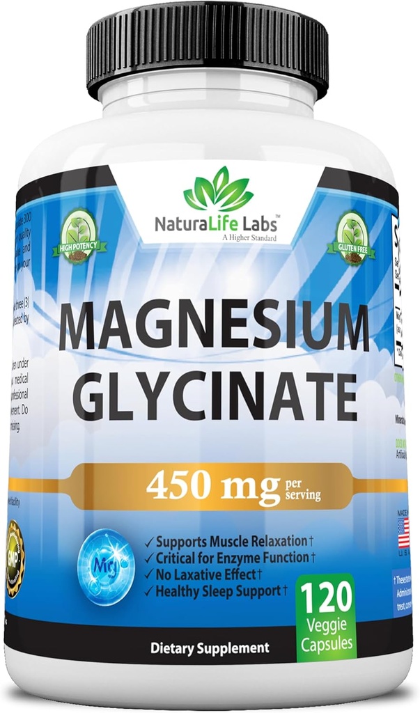 Magnesium Glycinat 450 mg per servering - 120 Vegankapsler (ikke- GMO, Gluten- fri)