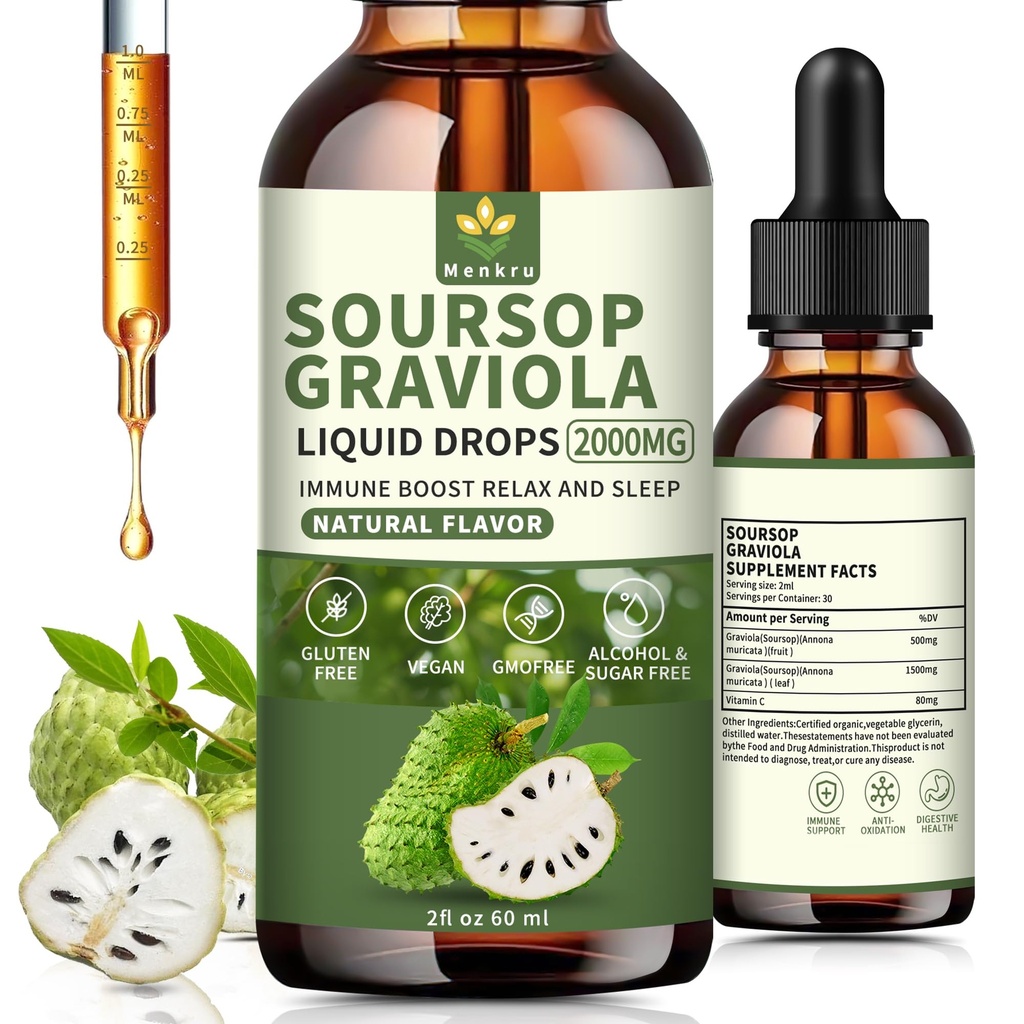 Soursop Bitters Liquid multivitami Drops,Pure Organic Soursop Leaves Extract,Immune Boost,Cell Support & Regeneration, Sugar/Gluten Free, Natural Flavor, 2 Fl Oz