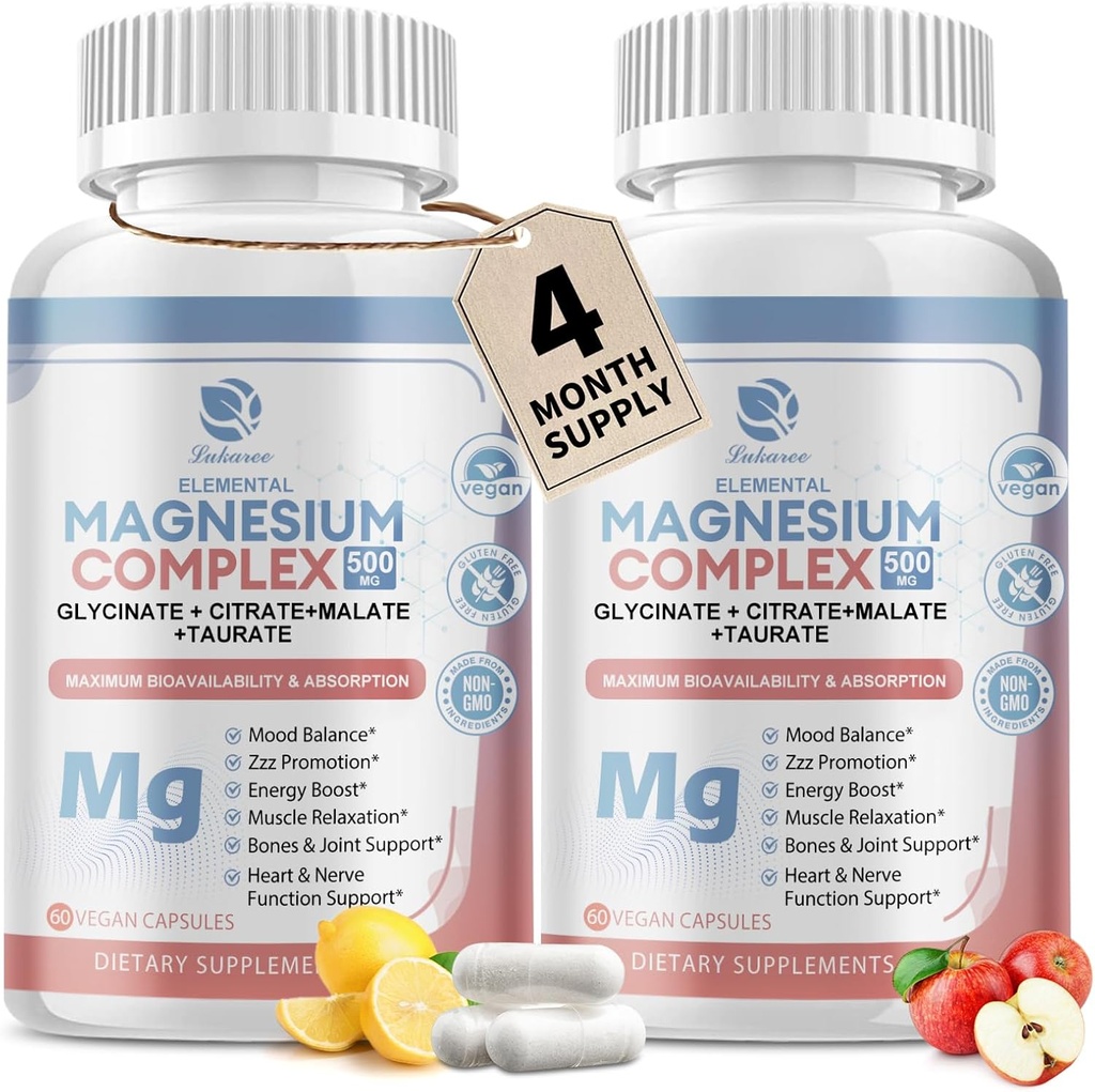 Lukaree Magnesium Complex Supplement 500 mg, Magnesium Glycinat, Malat, Taurat, Citrate Complex & Herbal Ekstrakter, Høj Absorption Chelated 120 Vegan non- GMO kapsler til hvile, energi, mad