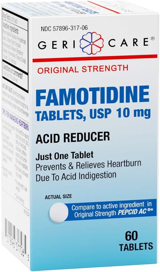 GeriCare Regelmæssig styrke Famotidin 10mg tabletter, syrereduktion, lindring for hjerterytme, syrerefluks og syrefordøjelsesbesvær, 60 greve (pakning med 1)