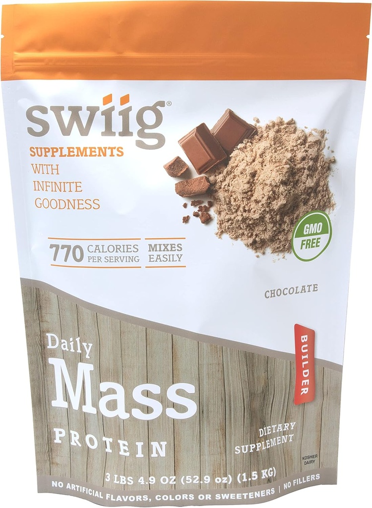 swiig Mass Builder Protein Powder, Chocolate, No GMO Ingredients, No Artificial Flavors, Colors or Sweeteners, No Fillers, 3.3 Pound Bag