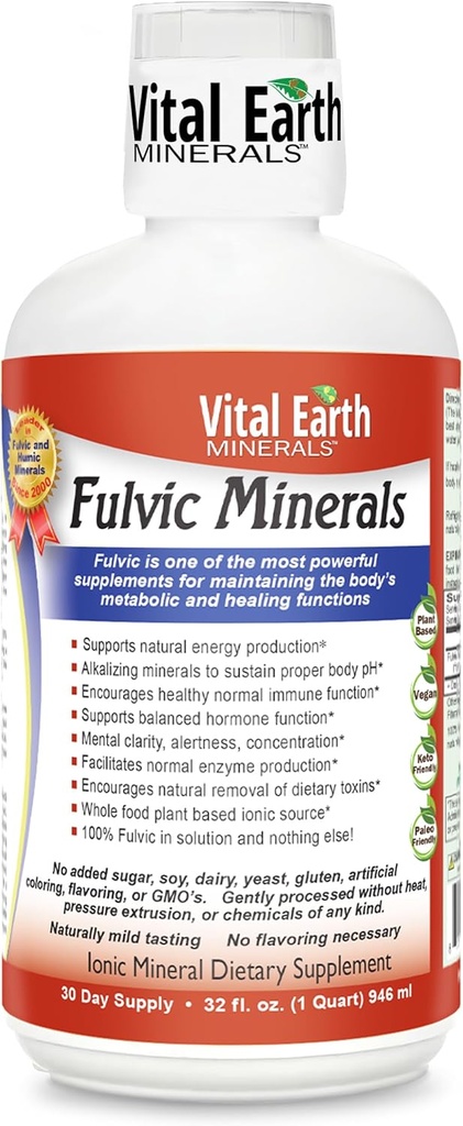 Vital Earth Minerals Fulvic Minerals Liquid - Fulvic Acid Supplement med 70 + Trace Minerals, Electrolytes for Energy & Vitality, 32 Oz + 1 Oz Cup