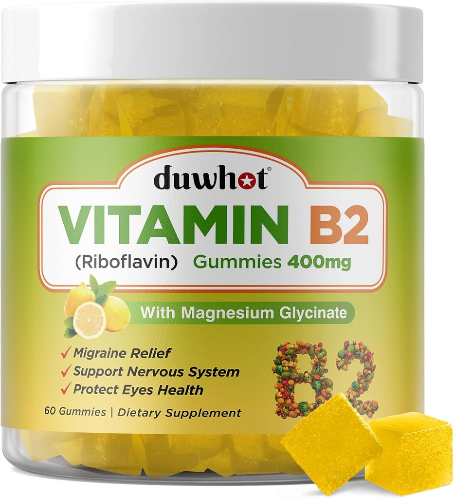 Vitamin B2 Gummier med Magnesium- Riboflavin 400mg til Migræne Relief & Hovedpine Relief, B2 Vitaminer Gummier til voksne & Børn, Vegan, 60 Chewable