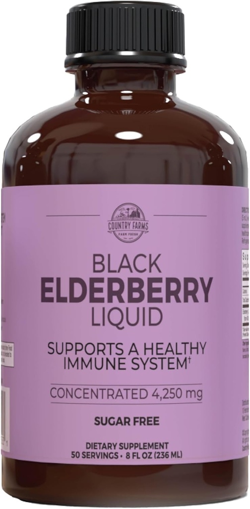 Country Farms Elderberry Liquid, Understøtter et sundt immunsystem, rig på antioxidanter, Sukker fri, Berry Flavor, 8 Fl Oz