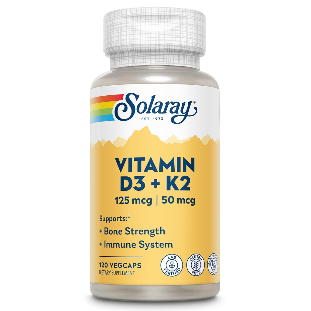 SOLARAY D3 K2 - ben sundhed og immunforsvar supplement - Med 5000 IE vitamin D som Vit D3 og 50 mcg vitamin K2 som Menoquinone MK7, Lavet uden soja, 60- dag garanti, 120 Serv, 120 VegCaps