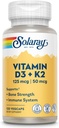 SOLARAY D3 K2 - ben sundhed og immunforsvar supplement - Med 5000 IE vitamin D som Vit D3 og 50 mcg vitamin K2 som Menoquinone MK7, Lavet uden soja, 60- dag garanti, 120 Serv, 120 VegCaps