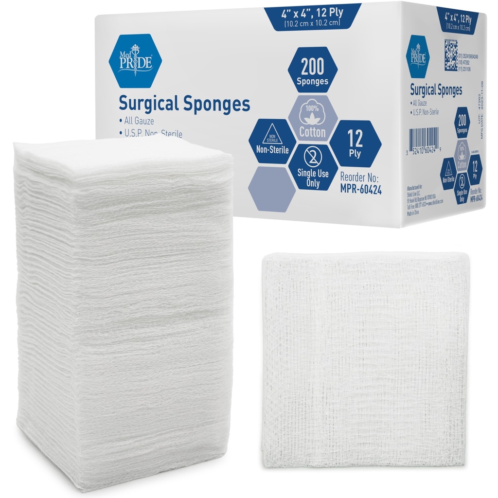 MED PRIDE 4 "x 4" Gauze, 200 Kirurgiske Sponges 12- ply Ekstra Absorbent • 124; All- Gauze, Non- Sterile • 124; Great for Sår Dressing, Prepping, Scrubing & Rengøring • 124; Essential First- Aid