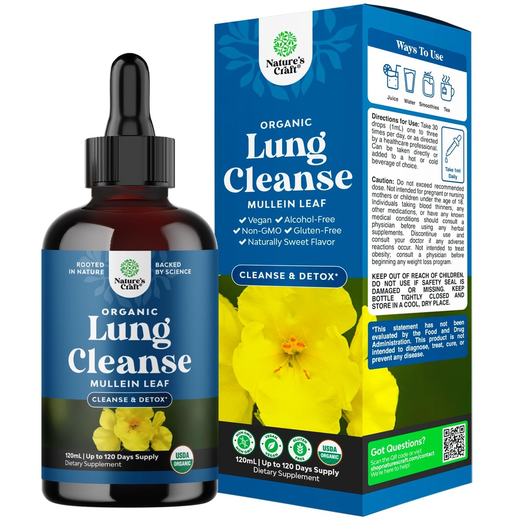 USDA Organic Mullein Drops til Lungs - Urte Lung Detox & Rense med Marshmallow Root Extract & Plantain Leaf for Respiratory Lung Health - Mullein Leaf Tincture Drops til vejrtrækning Support - 120ml