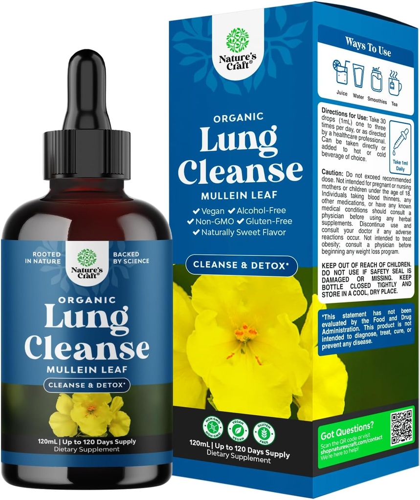 USDA Organic Mullein Drops til Lungs - Urte Lung Detox & Rense med Marshmallow Root Extract & Plantain Leaf for Respiratory Lung Health - Mullein Leaf Tincture Drops til vejrtrækning Support - 120ml