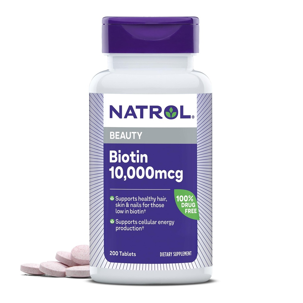 Natrol Biotin 10000mcg, supplement til sundt hår, hud og negle for dem lav i biotin, Plus energi stofskifte support, 200 tabletter, op til en 200 dages forsyning