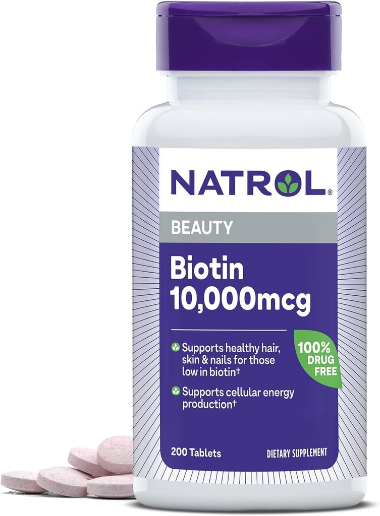 Natrol Biotin 10000mcg, supplement til sundt hår, hud og negle for dem lav i biotin, Plus energi stofskifte support, 200 tabletter, op til en 200 dages forsyning