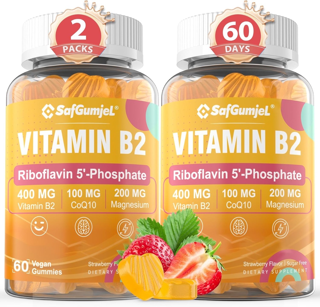Vitamin B2 Gummies • 124; Riboflavin 400mg til voksne og børn • 124; med Magnesium & CoQ10 til energi & migræne - Relief • 124; Sugar Free B2 Vitamin VIT B • 124; Non GMO, Vegan, 120 Counts