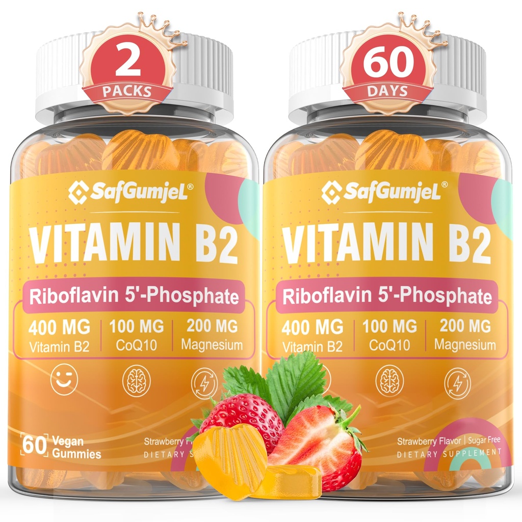 Vitamin B2 Gummies • 124; Riboflavin 400mg til voksne og børn • 124; med Magnesium & CoQ10 til energi & migræne - Relief • 124; Sugar Free B2 Vitamin VIT B • 124; Non GMO, Vegan, 120 Counts