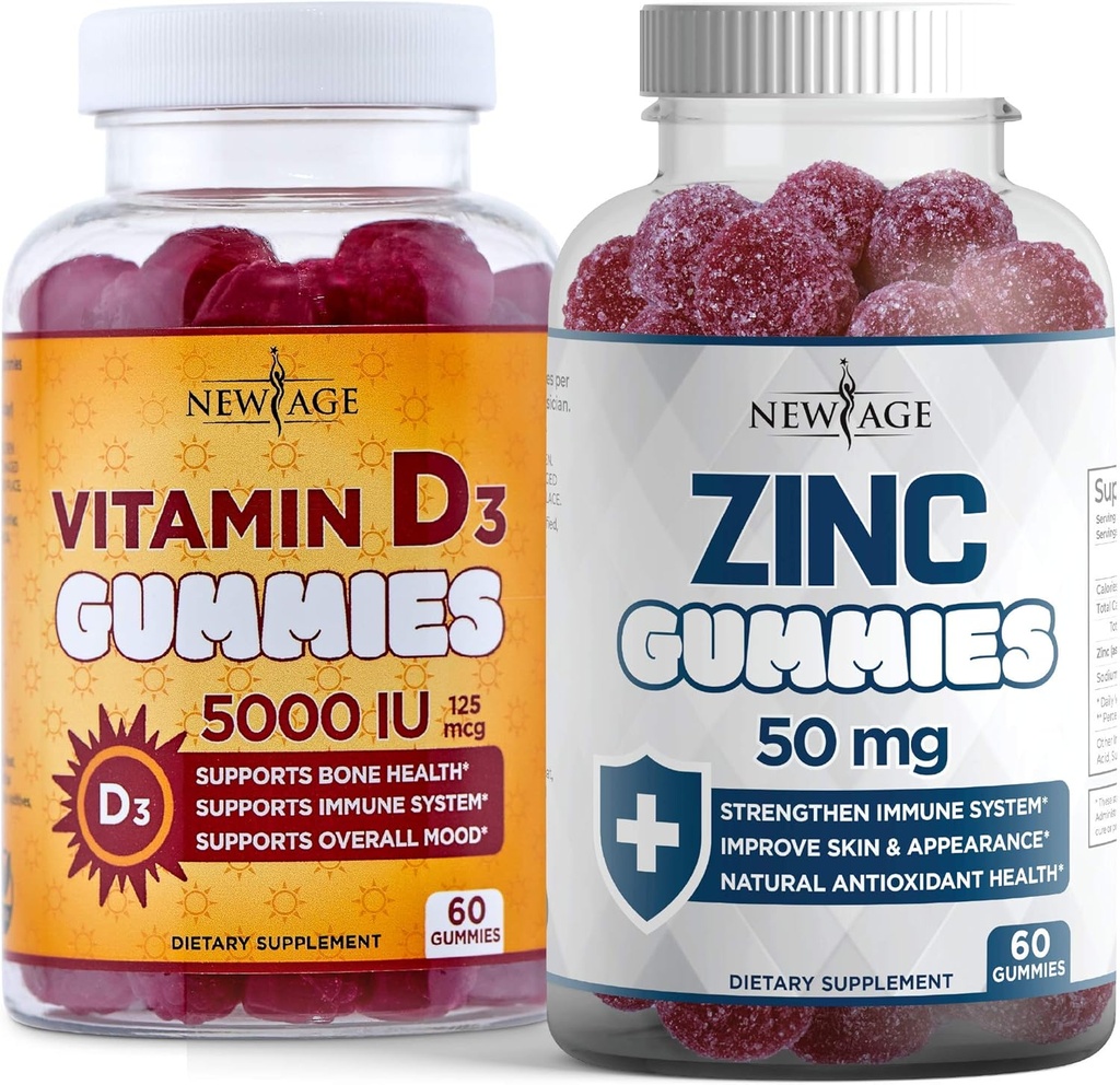 NY ALDER Immunforsvar Combo - 2 Pack - D3-vitamin Gummies 5000 IE 125mcg & høj potens Zink Gummies, immunbooster 120 Tæl