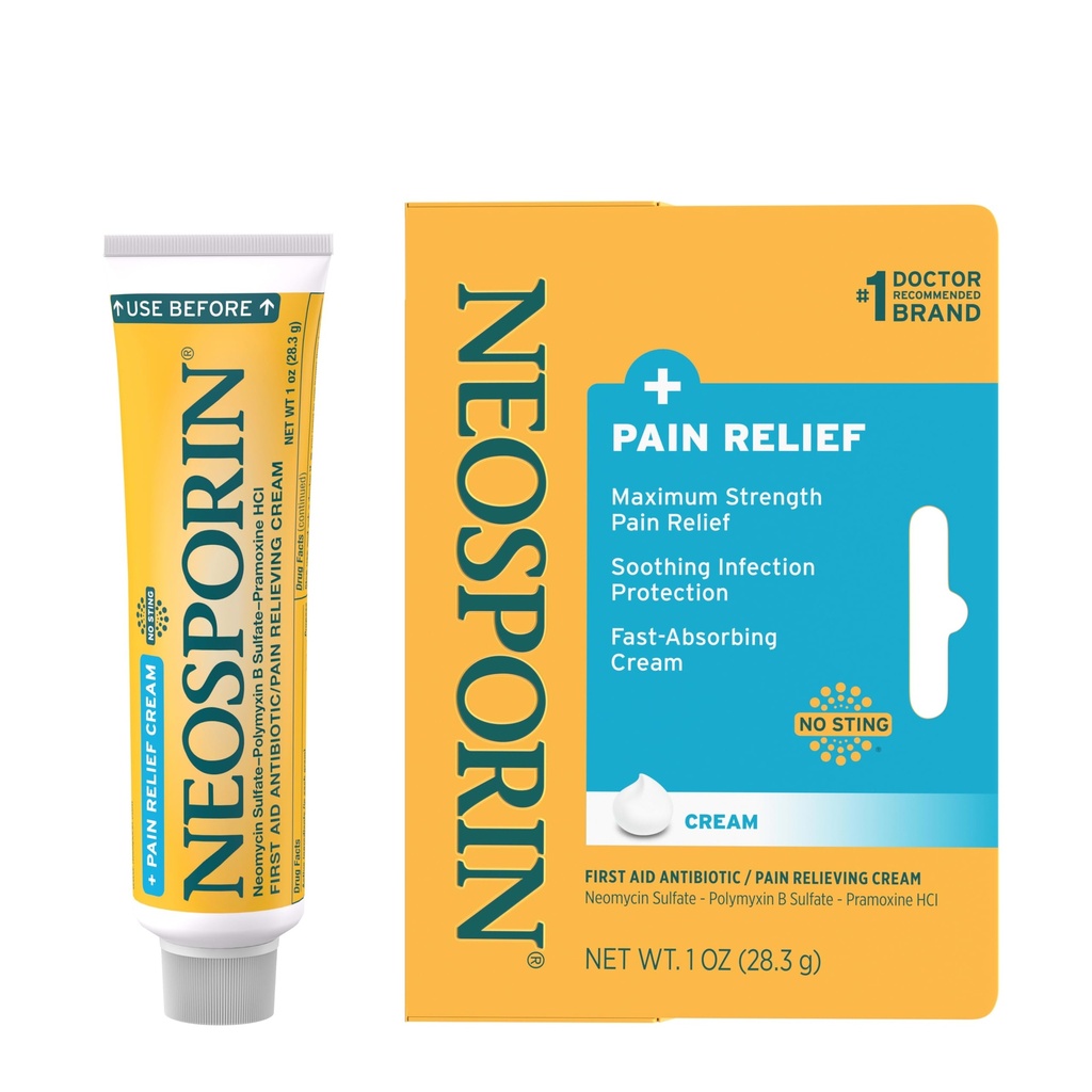 Neosporin + Maximum - Strength Pain Relief Dual Action Cream, Førstehjælp Topical Antibiotic and Analygesic Cream for Slow Cuts, Scrapes and Burns, Polymyxin B & Pramoxine HCl, 1 oz