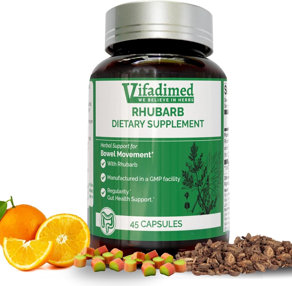 Rabarb- Herbal Forstoppelse Support, Gut motilitet supplement, Gentle Non- Laxative, Natural Afføring blødgørere, Bloating & Gas Relief, Daglig tarmbevægelse, Herbal Poop piller, 45 Kapsler