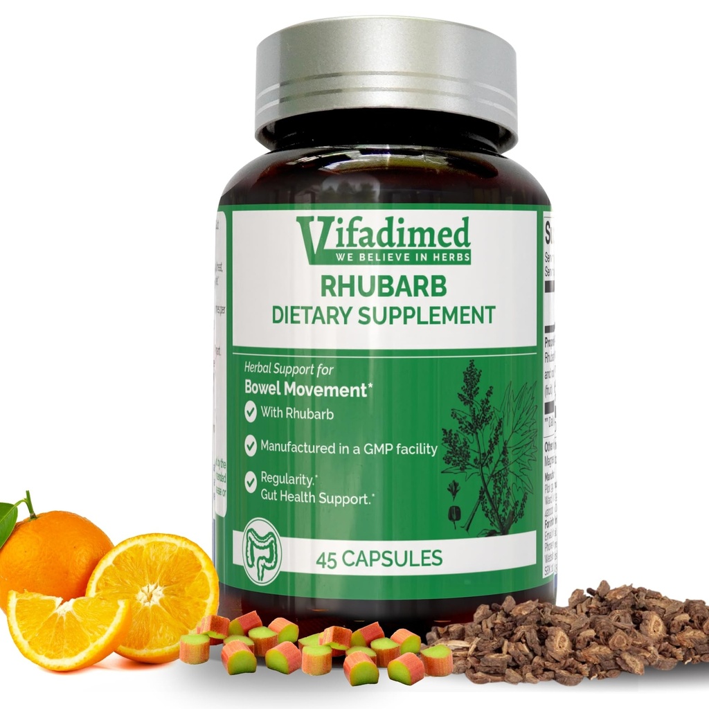 Rabarb- Herbal Forstoppelse Support, Gut motilitet supplement, Gentle Non- Laxative, Natural Afføring blødgørere, Bloating & Gas Relief, Daglig tarmbevægelse, Herbal Poop piller, 45 Kapsler