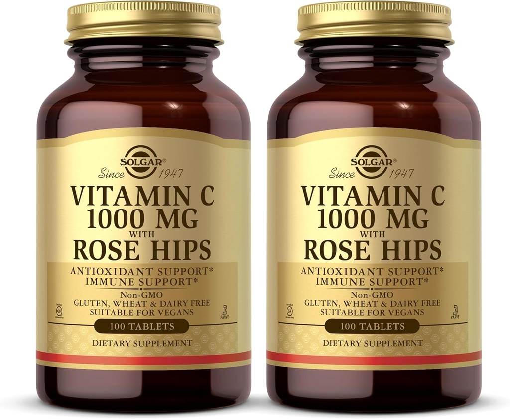 Solgar C-vitamin 1000 mg med Rose HIPS - 100 tabletter, pakke med 2 - Antioxidant & immunforsvar - non-GMO, Vegan, Gluten Free, Dairy Free, Kosher - 200 Total Servering