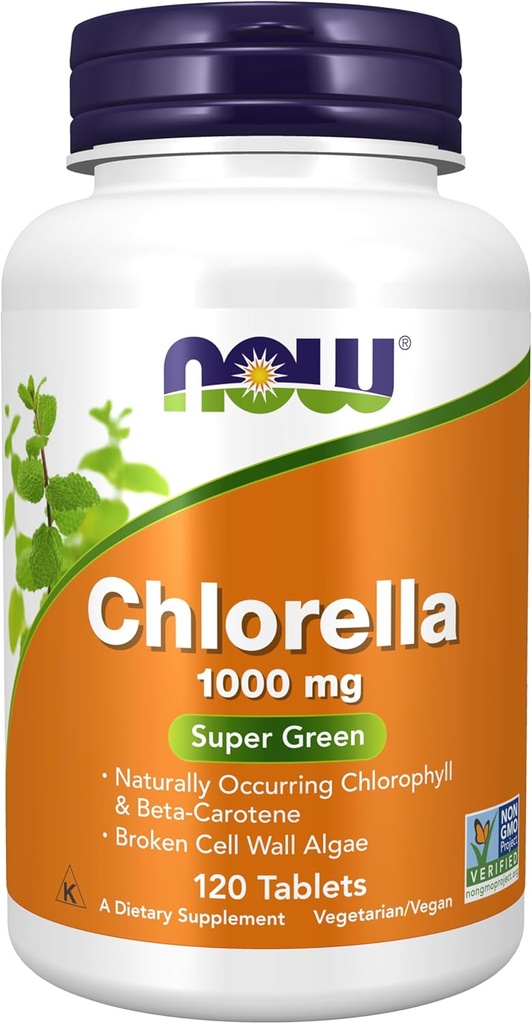 NOW Foods Supplements, Chlorella 1000 mg with naturally occurring Chlorophyll, Beta-Carotene, mixed Carotenoids, Vitamin C, Iron and Protein, 120 Tablets