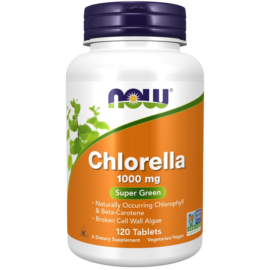 Now Foods Supplements, Chlorella 1000 mg med naturligt forekommende Chlorophyll, Beta- Caroten, blandede carotenoider, C-vitamin, jern og protein, 120 tabletter