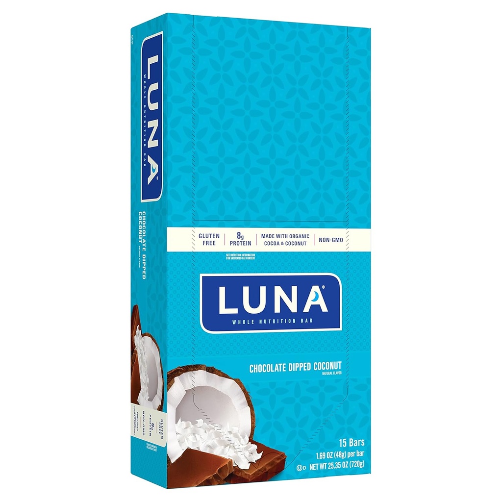 LUNA BAR - Gluten Free Snack Bars - Chokolade Dipped Coconut Flavor -8g protein - Non-GMO - Plant-Based Grossiome Snacking - On Go Snacks (1.69 Ounce Snack Bars, 15 Greve)