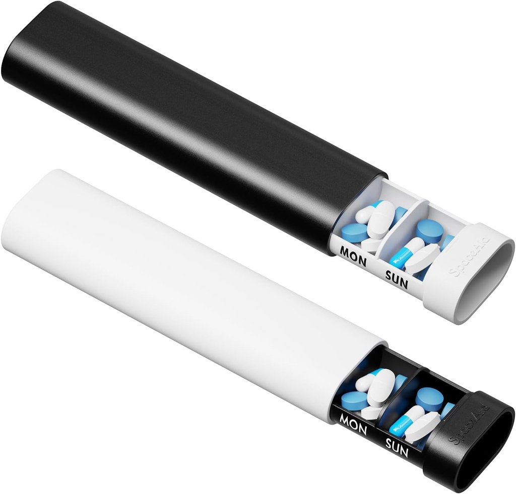 SpaceAid 2 Pack Pill Organizer Box 7 Dag, Ugentlig rejse Pill Case Holder, 2 gange om dagen PM Daily Pocket Pharmacy Dispenser Container til piller, vitaminer og medicin (sort, hvid)