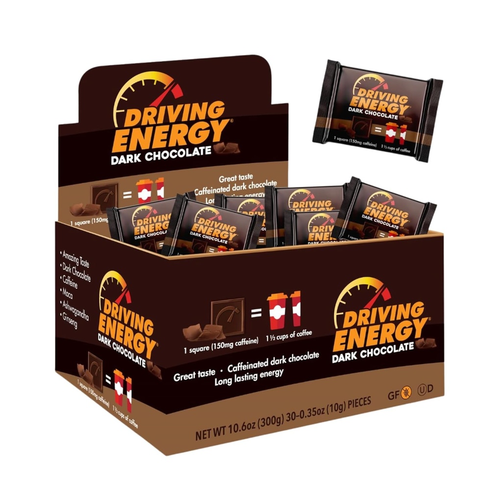 Driving Energy - Caffeinated Energy Bite Size - Dark Chocolate Fuel with 150mg Caffeine - Long-Lasting for Gym, Workout, Adults - Great Taste - Low Carb - Healthy Snack - 30 Count