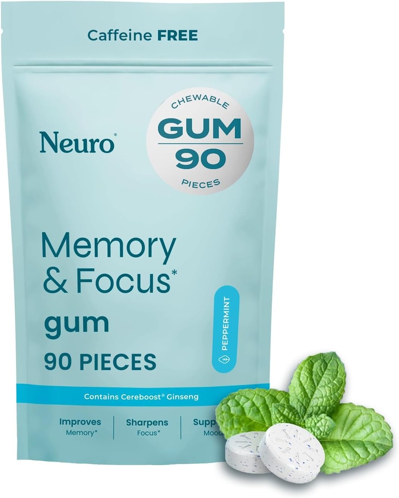 Neuro Memory & Focus Gum (90 stykker) - Decaf & Sugar Free med amerikansk Ginseng, L theanin, vitamin B12 & vitamin B6 for mental alerness - Brain Kosttilskud til hukommelse og fokus - pebermynte Flavor