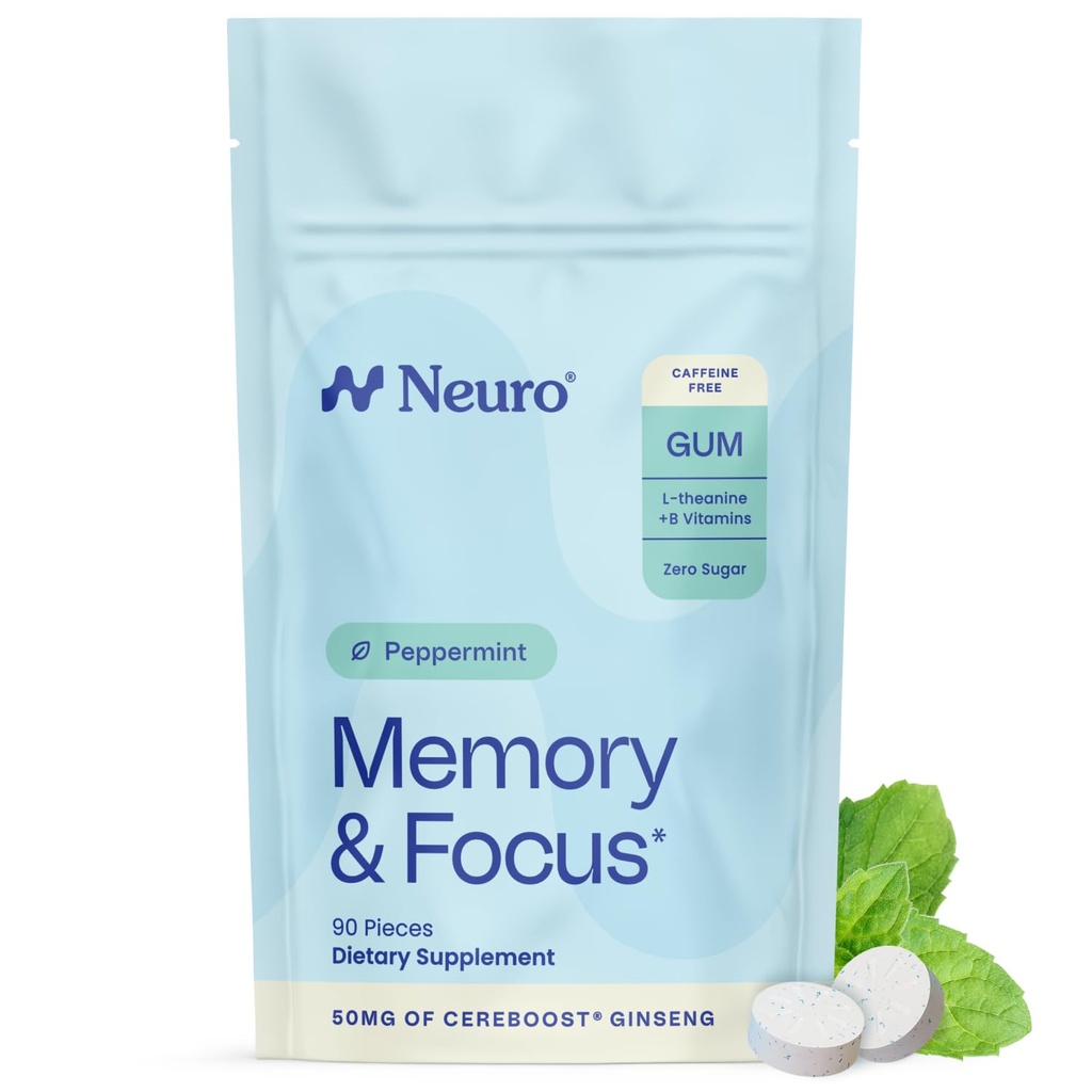 Neuro Memory & Focus Gum (90 stykker) - Decaf & Sugar Free med amerikansk Ginseng, L theanin, vitamin B12 & vitamin B6 for mental alerness - Brain Kosttilskud til hukommelse og fokus - pebermynte Flavor