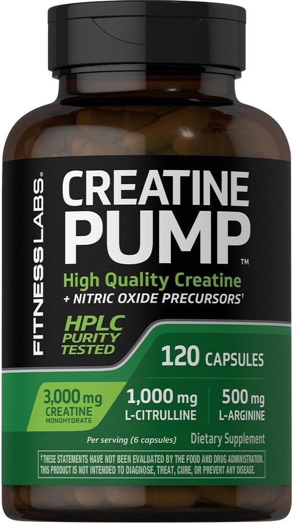 Fitness Labs Creatine Capsules | 120 Count | 3000mg | German Creatine Monohydrate | Creapure | Pump Supplement | Plus Nitric Oxide Precursor | HPLC Tested | Non-GMO