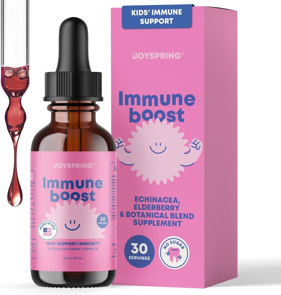 JoySpring Immundryps - Kids 'Immunity Support (1 fl oz, 30 Servering) med Organic Elderberry Liquid, Echinacea, Oregon Grape Root & Orange Peel for Age 2-16 + År og voksne
