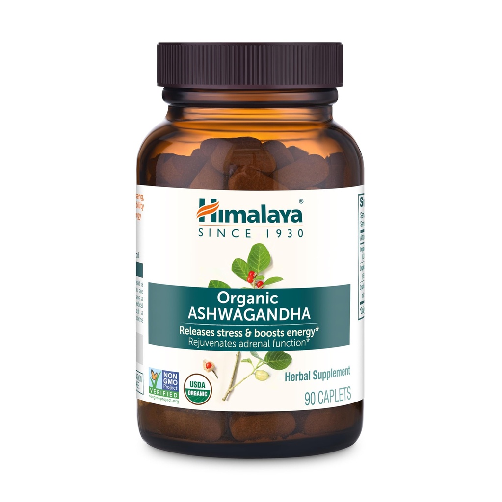 Himalaya Organic Ashwagandha, 90 Day Supply, Urte Supplement til Stress Relief, Energistøtte, Lejlighedsvis søvnløshed, USDA Certified Organic, Non- GMO, Vegan, Gluten Free, 670 mg, 90 Caplets